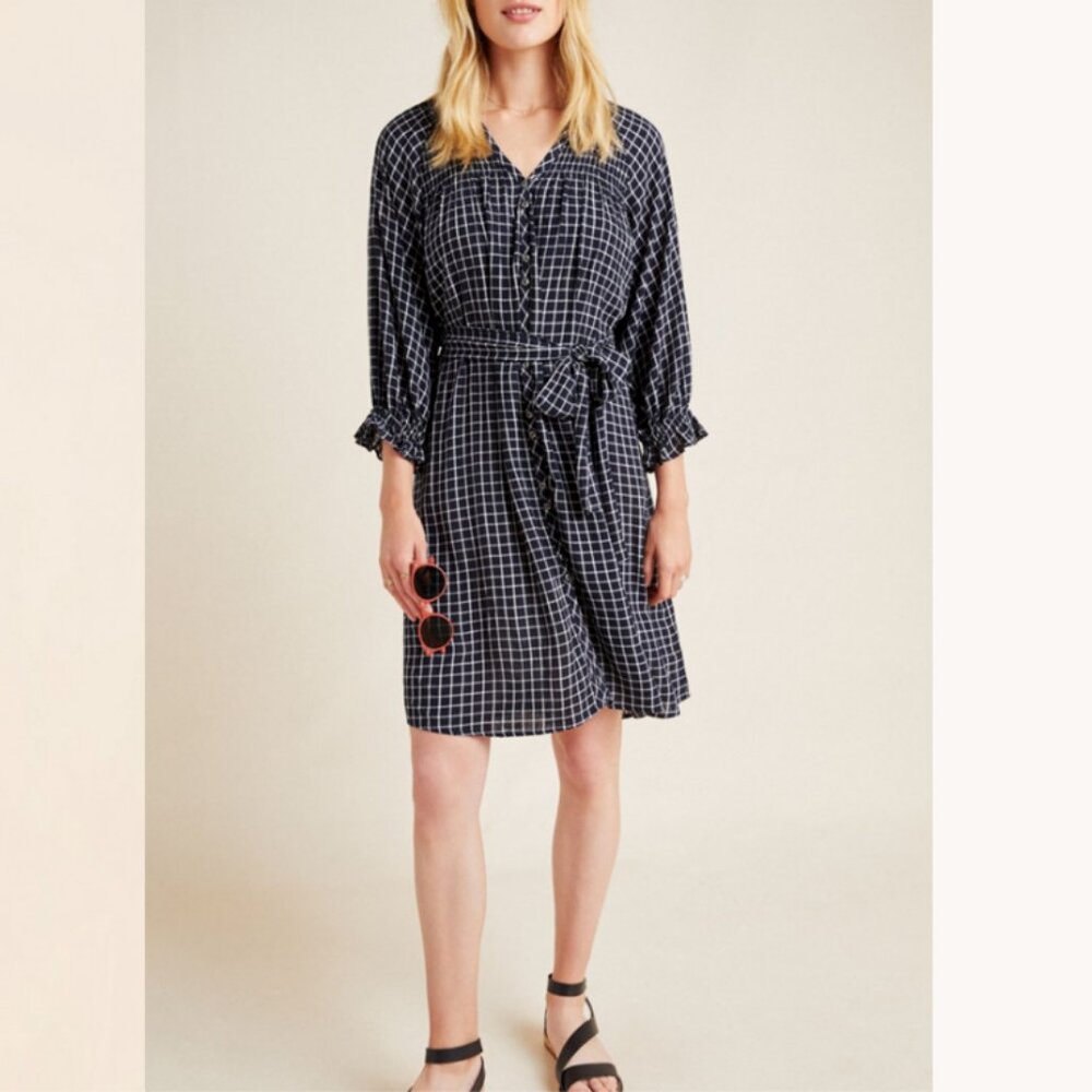Anthropologie Maeve Sara Smocked Checkered Boho Cottagecore Shirt Dress Size L